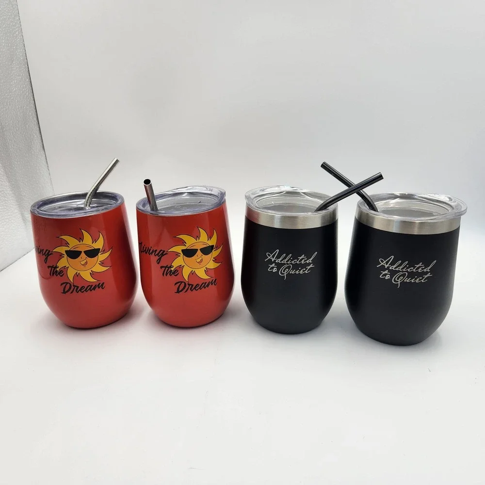 Insulated Wine Tumbler Set of 4 2 are Rosato Bay All have Lids and Straws Spirts